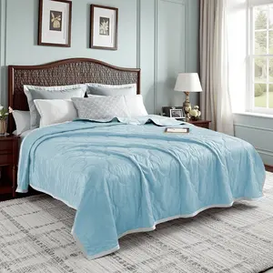 1pc Cozy Thin Quilt With Soundwave technology Design, Ultra Soft Reversible Quilt For Hot Sleepers, Lightweight And Breathable Comforter For All-Season, Suitable For Bed, Sofa, Office, Travel, Camping, Machine Washable, Easy-Care, Great Gift, Blue Color