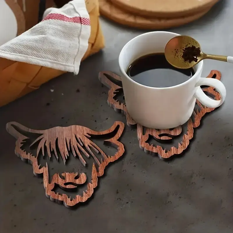 Animal Design Coffee Cup Mat, Highland Cow Wooden Heat Resistant Pad, Washable Dining Mat, Anti-Slip Table Mat, Room Decor, Round Coaster, Coasters, Heat Resistant Placemat
