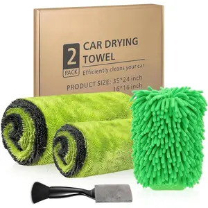 2 Pack  Drying Towels - 1200GSM Ultra Absorbent Microfiber, 35"x24" & 16"x16", Lint-Free & Streak with  Wash Mitt & Dual- Duster Brush for Auto Detailing, , SUV,  (Gray-Green)