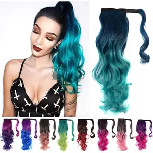 Synthetic Ponytail Hair Extension Wrap Around Curly Wavy Hair Green Blue Pink Ombre Fake Hair Pony Tail Hairpiece for Women