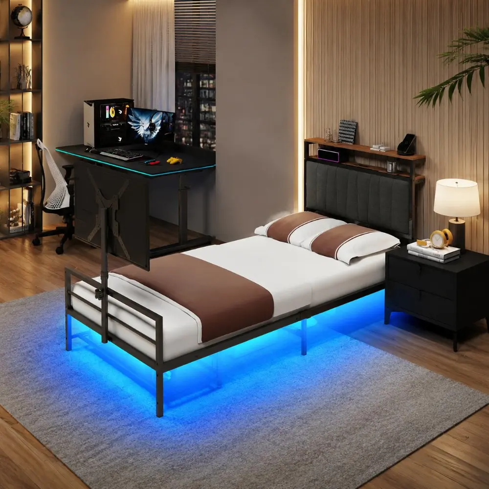 Littleox Twin Size Gaming Bed With a Rotating TV Mount Suitable for 65 Inch TVS  And Metal Mesh Frame,Vented Console Storage, iron bed with Led and  Powercoard