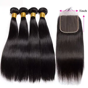BELE HAIR Human Hair Bundles With 5x5 Lace Closure Straight Quick Weave Bundles With 5x5 Transparent Lace Closure Brazilian Hair Bundles With Lace Closure Natural Black Color For Women  Unprocessed Human Bundle Extension With Swiss Lace Closures Free Part