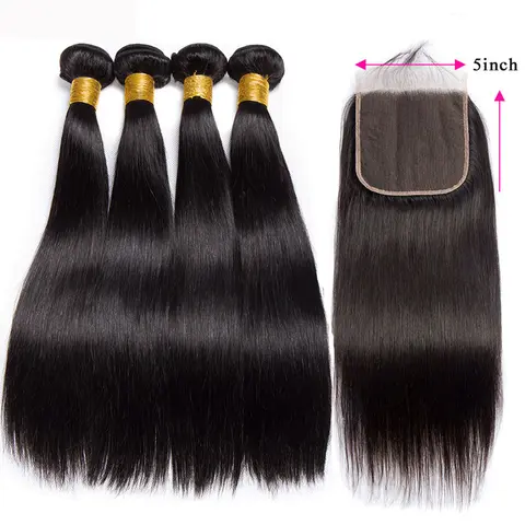 10A Grade Remy Hair Straight Bundles with 5x5 Transparent Swiss Lace Free Part Closure, 14-32 Inches Sew in Hair Bundles for Quick Weaves, Natural Black Color,Women's 100% Unprocessed
