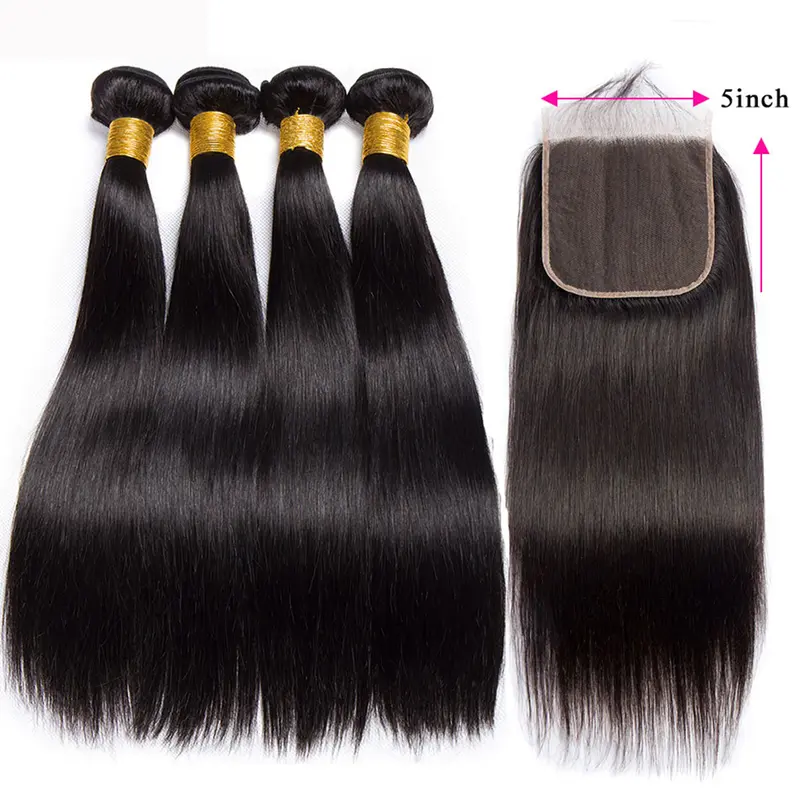 10A Grade Remy Hair Straight Bundles with 5x5 Transparent Swiss Lace Free Part Closure, 14-32 Inches Sew in Hair Bundles for Quick Weaves, Natural Black Color,Women's 100% Unprocessed