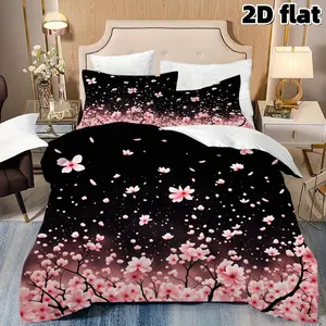 2D Flat 3Pcs Cherry Blossom Theme Bedding, Elegant Pink Floral Pattern Duvet Cover and Two Pillowcases, Soft Microfiber, Perfect for Bedroom Dorm Room Decoration.