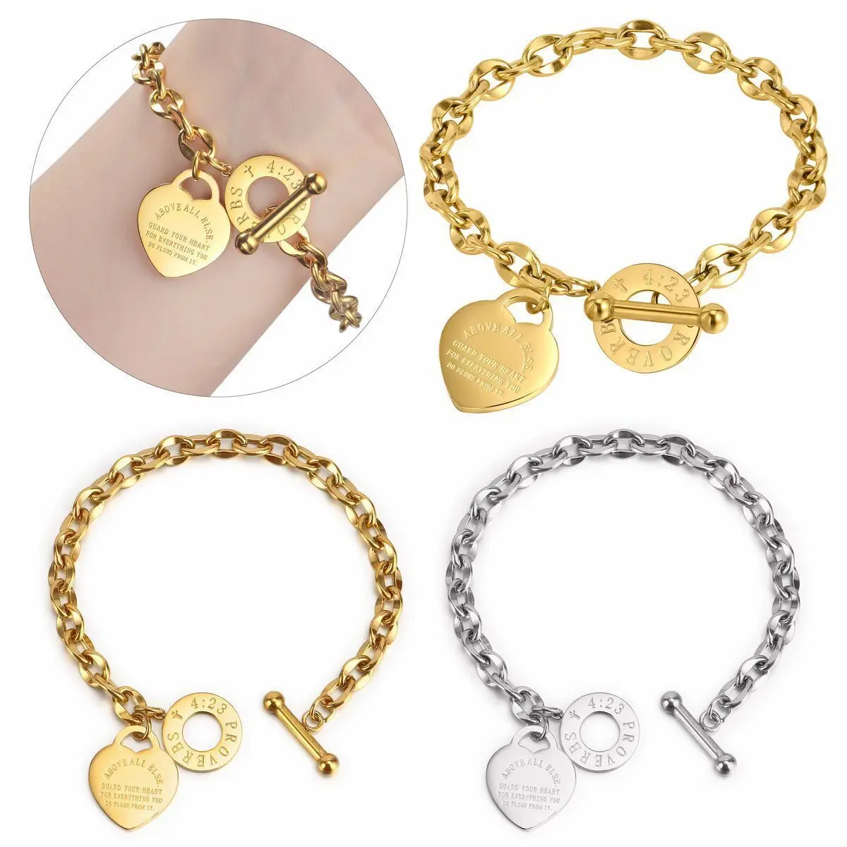 Women's Charm Stainless Steel Heart Bracelet Silver Girl Link Chain Bangle