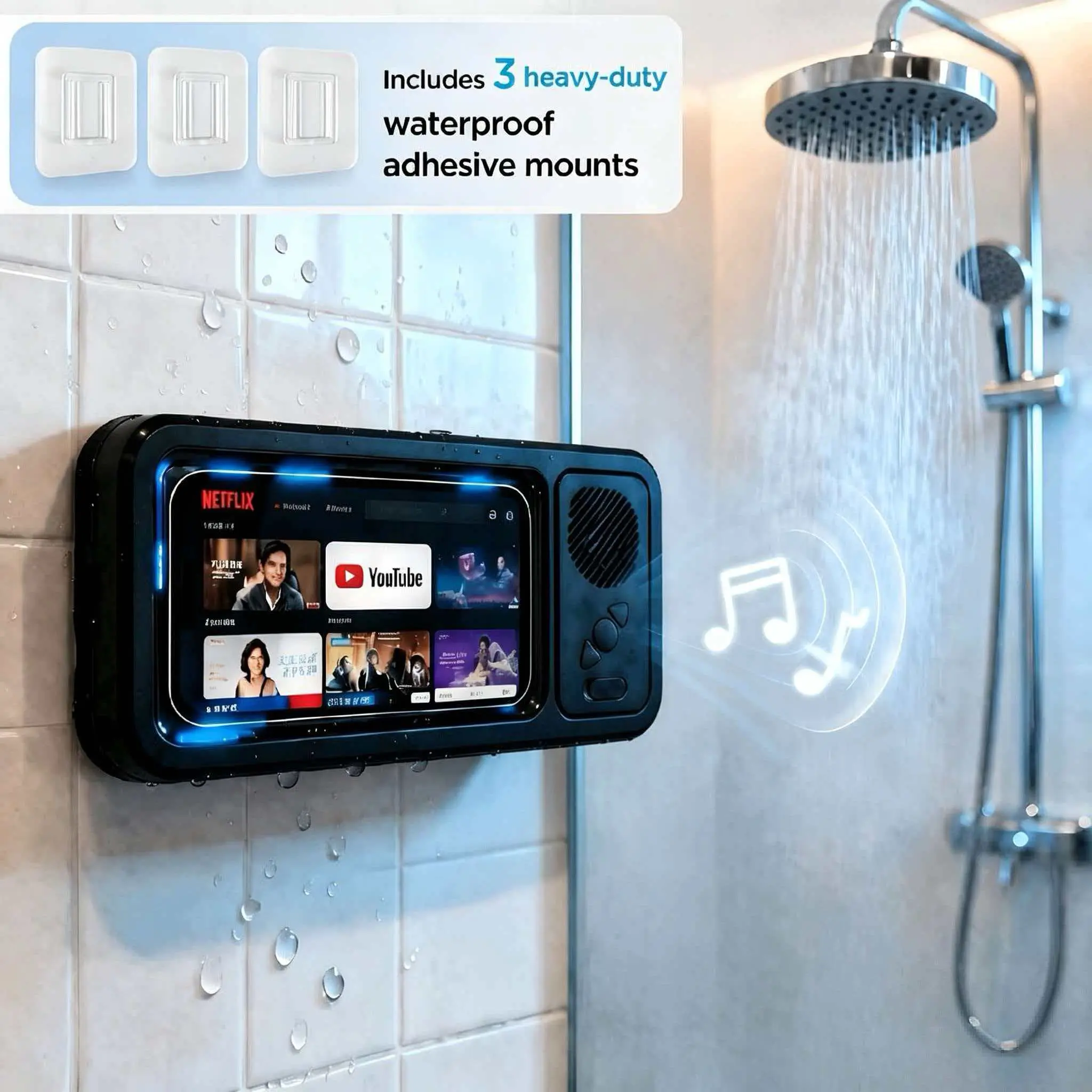 Wall Mount Wireless Shower Phone Holder With Built In Bluetooth Speaker IPX6 Waterproof Touch Screen Case 360 Adjustable Bathroom Phone Mount Fits 4 To 6.8 Inch Phones Ideal For Bathtub Mirror Shower Perfect Gift For Bath Music Video Watching