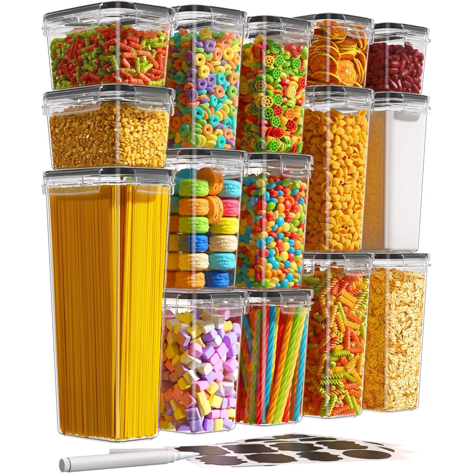 15 Pack Airtight Food Storage Containers with Lids BPA-Free Plastic Canisters for Cereal Flour Sugar Pasta Dry Food Includes Labels & Marker Kitchen Pantry Organizers