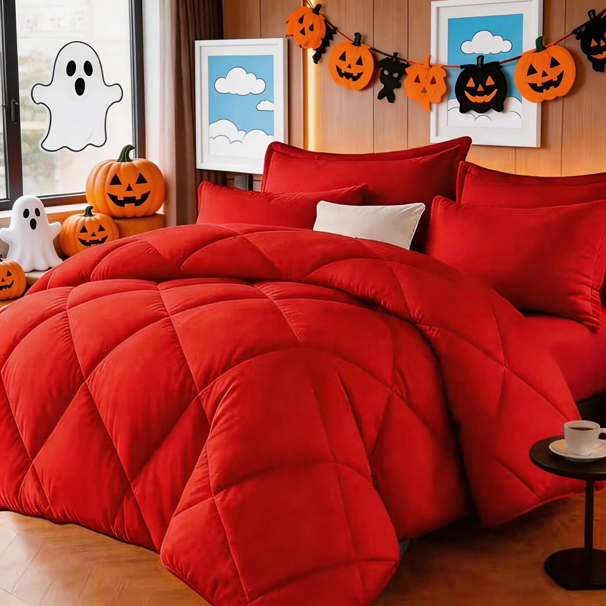 3/7pcs Red/black Comforter Set, Full, Queen, King Sizes, All-season Comforter, 3pcs-Includes 1 Comforter And 2 Pillowcases, 7pcs-includes 1 Comforter, 1 Fitted Sheet, 1 Flat Sheet, 4 Pillowcases, Hotel Quality, for Kids, School, Children's Dorme Gift