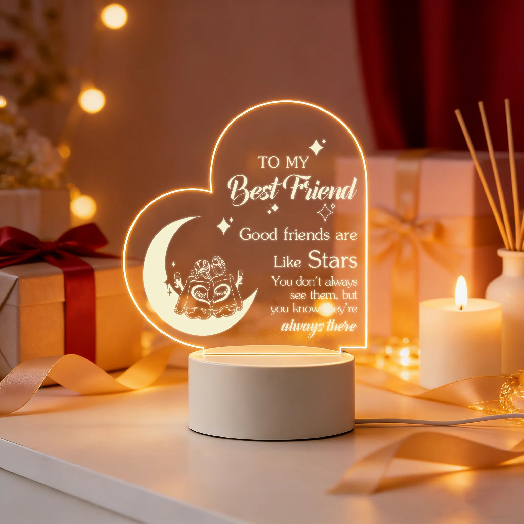 Engraved Friendship LED Ambient Night Light - Home Decor Lamp, Mini Bedroom Accessory, Thoughtful Birthday Gift for Teen Girls, Ambient Night Lights