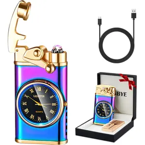 Lighter USB Lighter, Windproof Dual Arc Plasma Lighters, Flameless Cool Lighters with LED Battery Indication for Men (Clock)