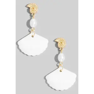 SALE- Sea Shell And Pearl Bead Dangle Earrings: White
