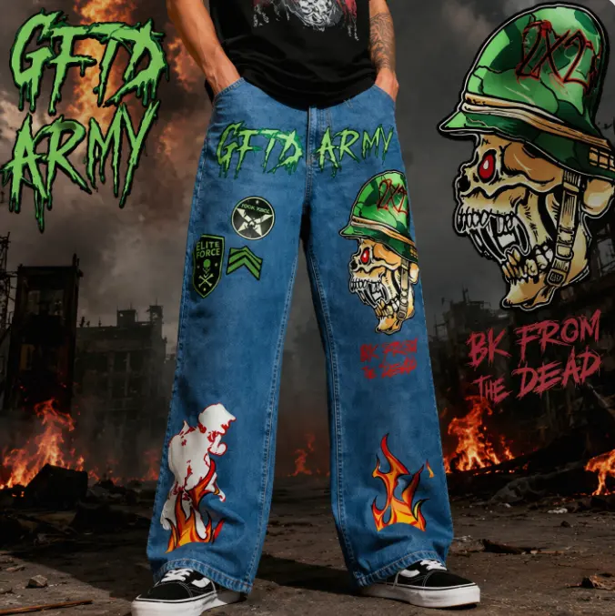 Women's GFTD Army Military Skull Patch Flame Ghost Denim Jeans - Thick Soft Durable Fabric, High Waist, Wide Leg, Loose Fit, Oversized, Draped, Below the Ankle, Dark Wash, Direct Spray Print, Punk Graphics, All Seasons, Unisex Street Wear