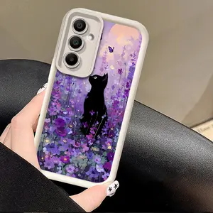 For Samsung Galaxy A07 A17 A36 A05S A56 A05 4G A55 A26 A06 A52 A52s A16 5G Floral Cute Black Cat Case For Samsung A25 A14 A54 A34 A12 A53 A15 A35 A13 A33 Sweet Fresh Art Mysterious Soft Edge Thickened TPU Protective Case
