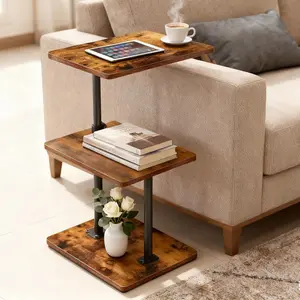 Sofa swivel side table, three-tier small side table, height adjustable, equipped with a rotatable tray, space-saving bedside table with storage shelf, suitable for living rooms, bedrooms, and small spaces