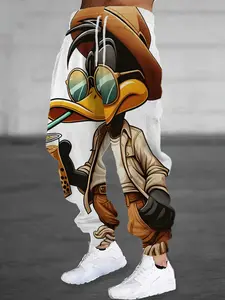 Stylish Men's Cartoon Duck Print Sweatpants with A Hat and Glasses, Featuring A Drawstring and Pockets.