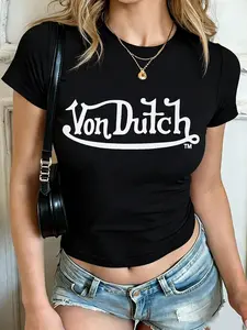 Women's Milk Silk Smooth Soft Breathable Round Neck T-Shirt, Letter Print, Retro Sexy Slim Fit, Fashion Trendy Youthful Casual Top