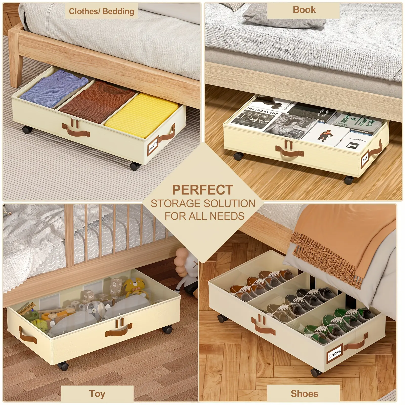 New 2-Pack Extra Large Beige Oxford Fabric Storage Bags with Wheels - Traditional Style Underbed Organizer Window-View Multipurpose Non-Waterproof Easy-Move Space-Saving Solution for Home Organization and Decluttering