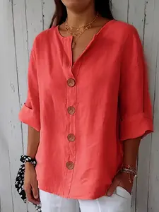 Women's Pure Color Cotton Linen V-Neck Shirt, Medium Sleeve Loose Fit Top, Casual Fashion Blouse for Daily Wear