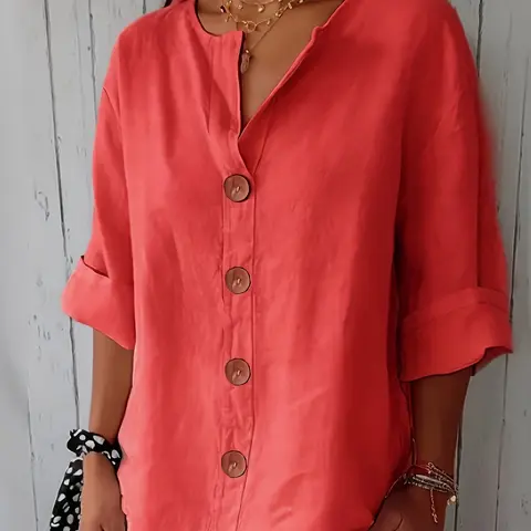 Women's Plain V-Neck Shirt, Mid-Sleeve Loose Fit Top, Basic Casual Fashion All Season Blouse for Daily Wear, Womenswear, Casual Trendy Shirt, Basic Casual Shirts, Casual Daily Tops