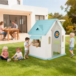 Outdoor Playhouse,Kids Cottage Clubhouse with Magnetic Dartboard, Basketball Hoop, Ring Toss & Soccer Goal,Children’s Play Set for Indoor Room, Garden and Backyard