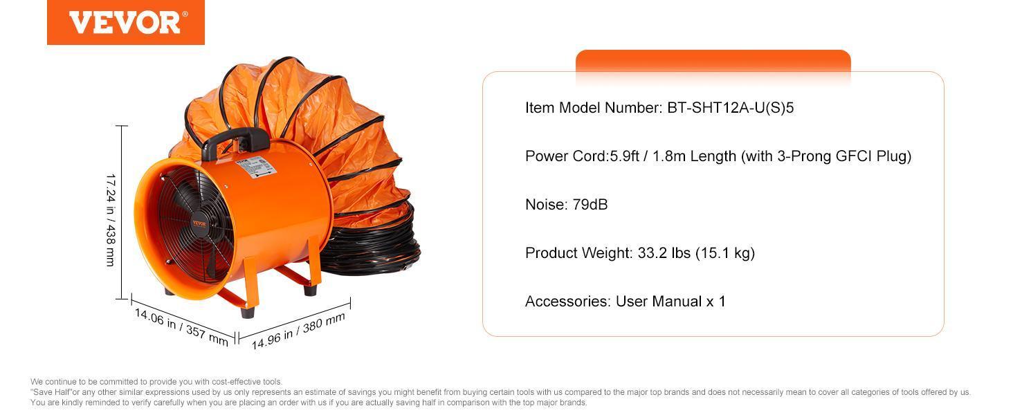 VEVOR Portable Ventilator,  , 12 inch Heavy Duty Cylinder Fan with 16.4ft Duct Hose, 585W Strong Shop Exhaust Blower 3198CFM, Industrial Utility Blower for Sucking Dust, Smoke, Smoke Home/Workplace，High Velocity, Low Noise