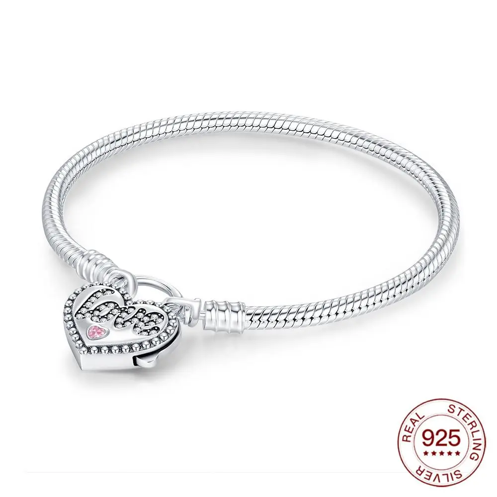 FASHION4U - New Bracelet Original 925 Sterling Silver Pink Diamond Padlock Bracelet 17-20CM Love Bracelet For Women DIY Charm Jewelry Gifts