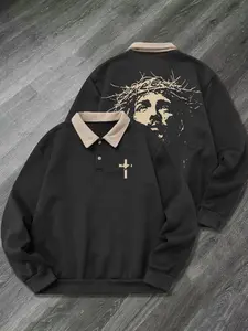 Men's Fall Winter Cross Jesus Graphic Print Half Button Polo Neck Hoodie, Casual Outdoor Fitted Long Sleeve Sweatshirt