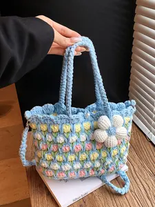 1pc Women's handmade crocheted tulip tote bag, fresh macaron style, cute contrasting color design, suitable for daily commuting, gift giving, picnicking, beach women's essential shoulder bag