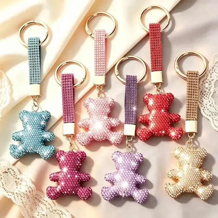 Cute Cartoon Bear Keychain, Full Rhinestone Sparkle Charm, Premium Handmade Ceramic Clay Pendant, Bling Bear Accessory for Car Keys & Cell Phones, Perfect Girls Gift for Back to School Haul