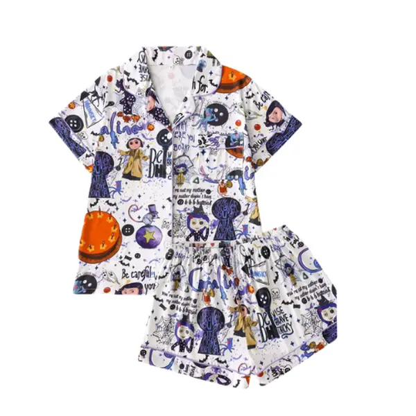 Matching Cartoon Fantasy Print Women's Pjs Pajama Set, Soft Satin Fabric, Collared Button Short-Sleeve Top & Shorts, Elegant Sleepwear Pyjamas