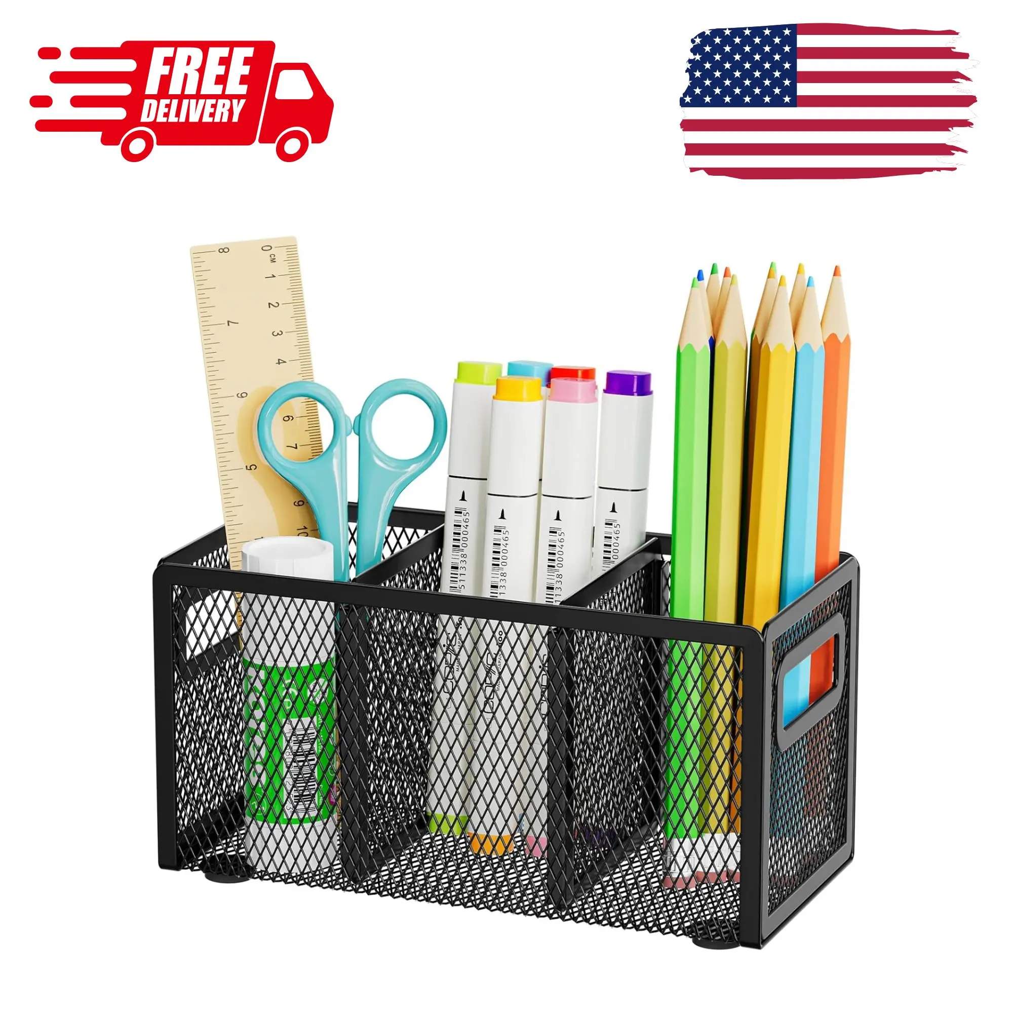Mesh Pen Holder for Desk,Pencil Holder Desk Organizer 3 Adjustable Compartments