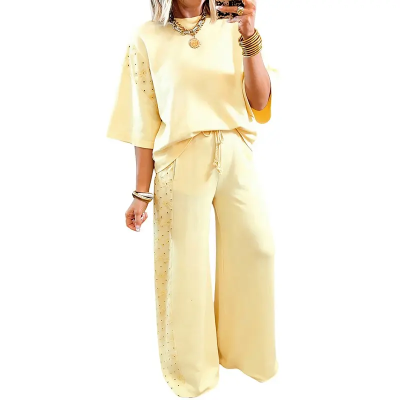 Lace Patchwork Half Sleeve Top Elastic Waist Pants Two Piece Set