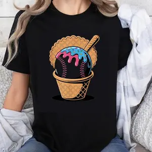 100% Cotton Unisex Baseball Ice Cream Cone with Sprinkles and Bat Scoop T-Shirt