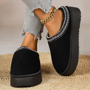 Women's Warm Plush Lined Mule Slippers Platform Thick Sole Mini Snow Boots Stylish Embroidered Trim Indoor Outdoor Shoes