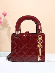 PU Leather Handbag, Wine Crossbody Bag, Versatile Geometric Pattern Shoulder Bag, Fashionable Small Structured Purse with Keychain Gift