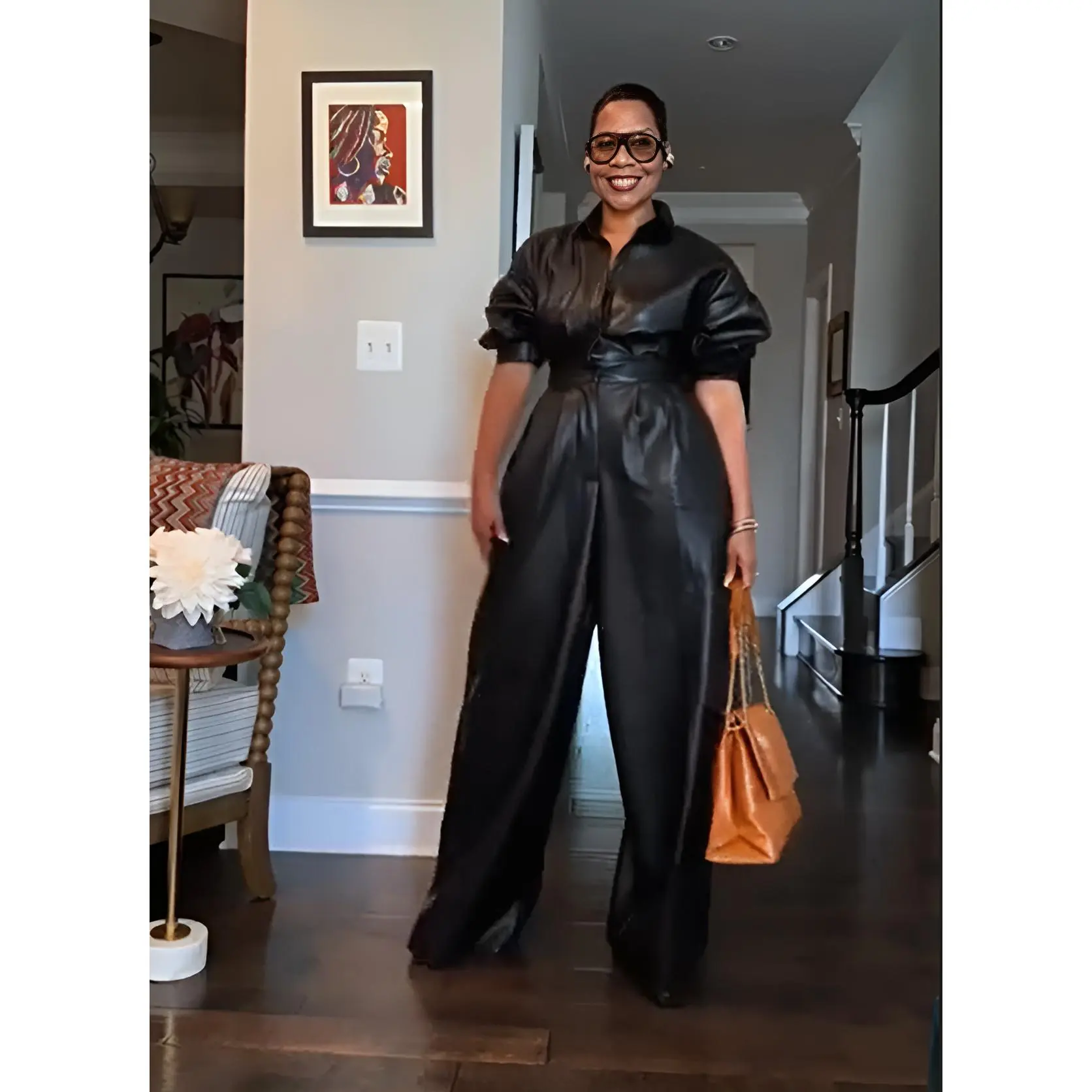 Jumpsuits for Women, Solid Black PU Leather Vintage Wide Leg Overalls, Sleeveless with Button Pockets for Casual Holidays, Lady, Cold Wash, Do Not Wash, Wide-Leg Pants, Overall Jumpsuit, Clothes, Multi-Size, Xxl, S