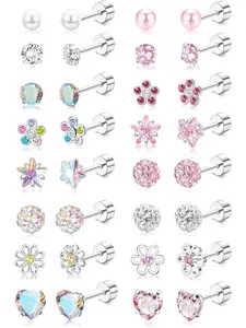 Tiny 16 Pairs Colorful Sweet Ear Studs Trendy Hypoallergenic Screw Back Surgical Steel Earrings for Women Men Tiny Pink CZ Faux Pearl Ball Heart Flower Screw Back Flat Back Stud Earrings Set