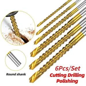 3-8mm Serrated Twist  Bits Set, 6 Pack Titanium Coated HSS Bits with Hex Shank for Multi-Material Drilling