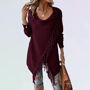 Fringe Tassel Decorated Draped Neckline T-shirt - Spring Polyester Micro Elastic Fabric Hand Washable