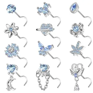 12PCS 20G Nose Rings Surgical Stainless Steel L Shaped Nose Studs for Women Men CZ Heart Butterfly Flower Leaf Moon Dangle Cute Nose Piercings Studs Screw Jewelry Pink