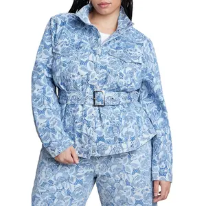 ELOQUII Women's Plus Size Lace Printed Denim Belted Jacket
