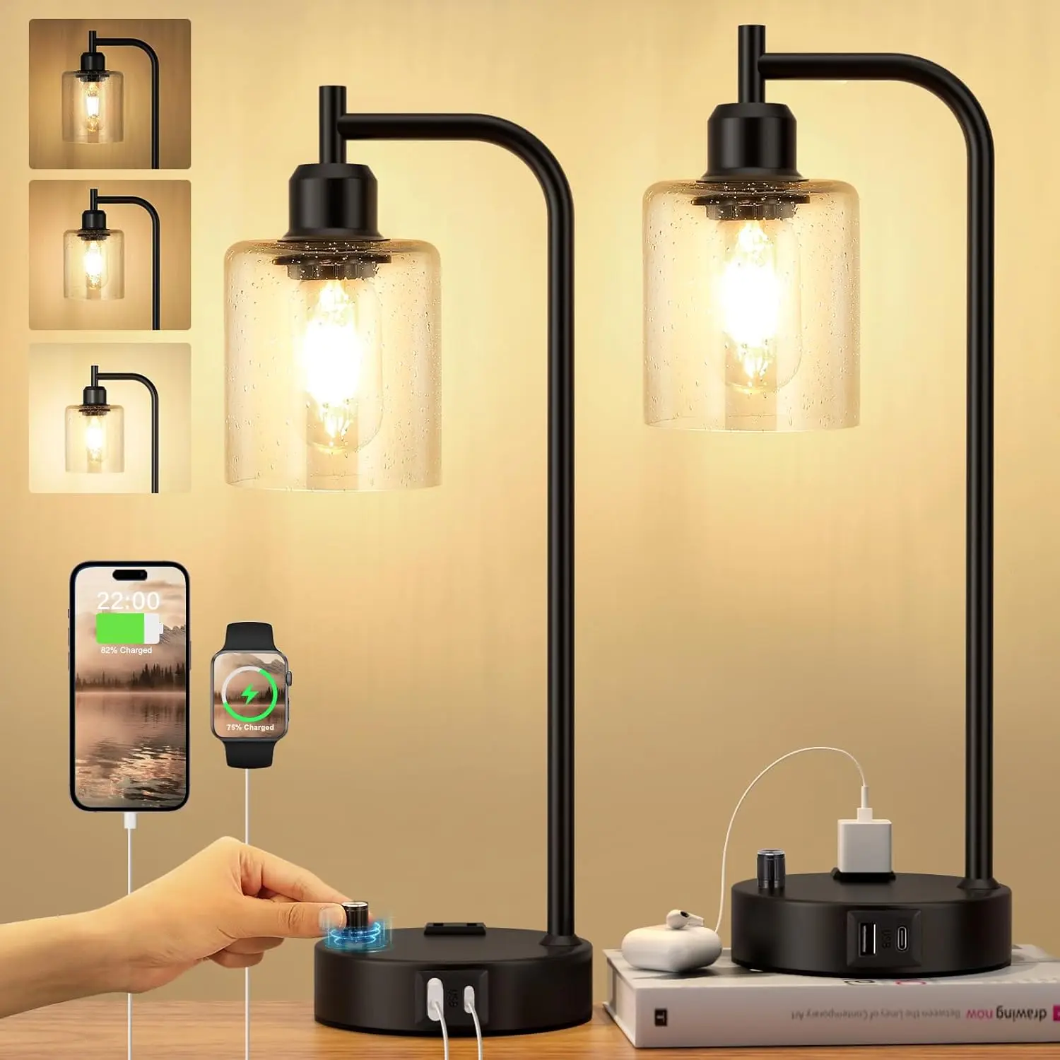 Bedside Lamps Set of 2 - Fully Dimmable Table Lamps with Glass Shade, USB-C & USB-A Ports, AC Outlet, Vintage Black Nightstand Lamps for Bedroom, Living Room, and Office Decor