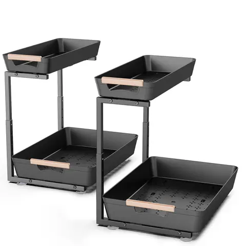 CRIUSIA Heavy Duty Metal Pull-Out Under Sink Cabinet Organizer Shelf - 2-Layer Sturdy Adjustable Multifunctional Storage Rack, 14"-17" Fit Range, 14" to 17" Height, L-Shape Space Use for Kitchen, Bathroom