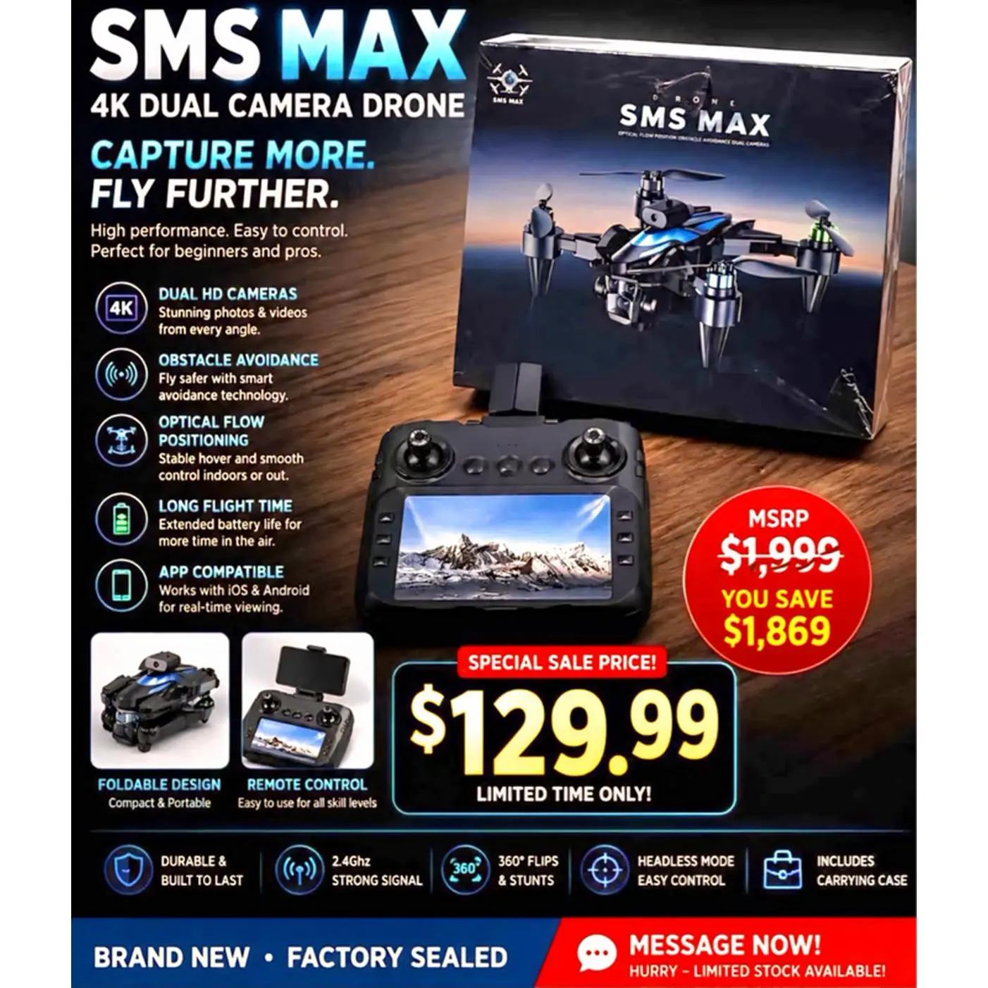 SMS MAX 4K Dual Camera Drone with Obstacle Avoidance & Optical Flow Positioning for Beginners and Pros