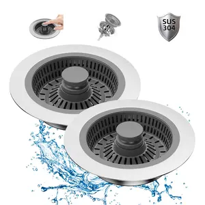 2 Pcs Kitchen Sink Drain Strainer and Stopper Combo, 3 in 1 Stainless Steel Pop-Up Sink Stopper & Drain Strainer for Standard Drains, Ideal Sink Protectors for Kitchen Sink