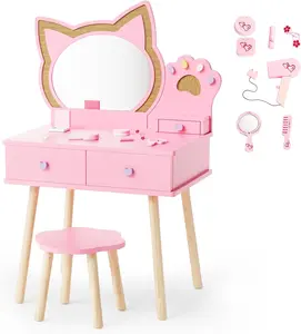 JOYMOR Kids Vanity with Cat Mirror & Woven Rattan, Pretend Play Toddler Vanity Set with 7 Accessories, Makeup Dressing Table with Storage Drawer for Girls (Pink)