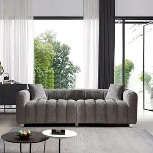 83.4" 3 Seater Sofa with Two Pillows Tufted Teddy Fabric Mid-Century Couch Solid Wood Frame Legs for Living Room Bedroom Office Grey Modern Aesthetic Minimal Lounge Furniture