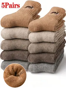 5 Pairs Men's Thick Warm Socks, Calf High Crew Socks, Solid Pattern, Casual Style, Fall & Winter Outdoor Activities, Wool Lining