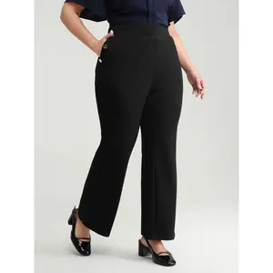 BLOOMCHIC Women's Plus Size Stretchy Spandex Fabric Bootcut Pants - Button-Detail, Pocket-Equipped Bottom Garment, M-6X Sizes, 2026 Summer Turn-Up Pick Fit Womenswear 2026 Summer Vibes
